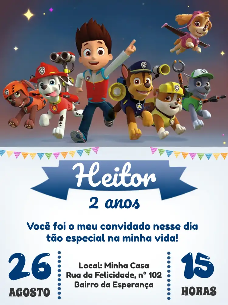 Convite Patrulha Canina Azul – tema Aniversário Infantil azul, branco, cinza, divertido, infantil, moderno