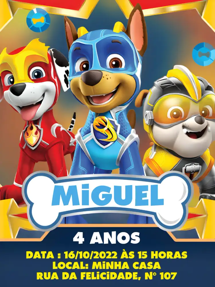 Convite Patrulha Canina Azul – tema Aniversário Infantil azul, dourado, branco, temático, infantil