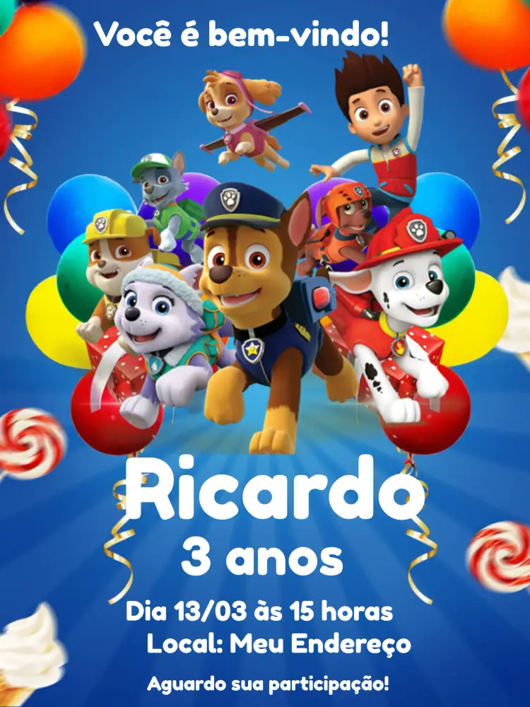 Convite Patrulha Canina Azul – tema Aniversário Infantil azul, branco, divertido, temático, infantil