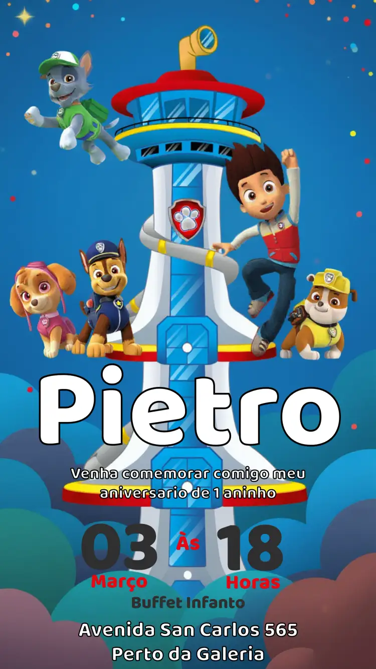 Convite Patrulha Canina Azul – tema Aniversário Infantil azul, branco, tema infantil, personagens de desenho, divertido, aventura