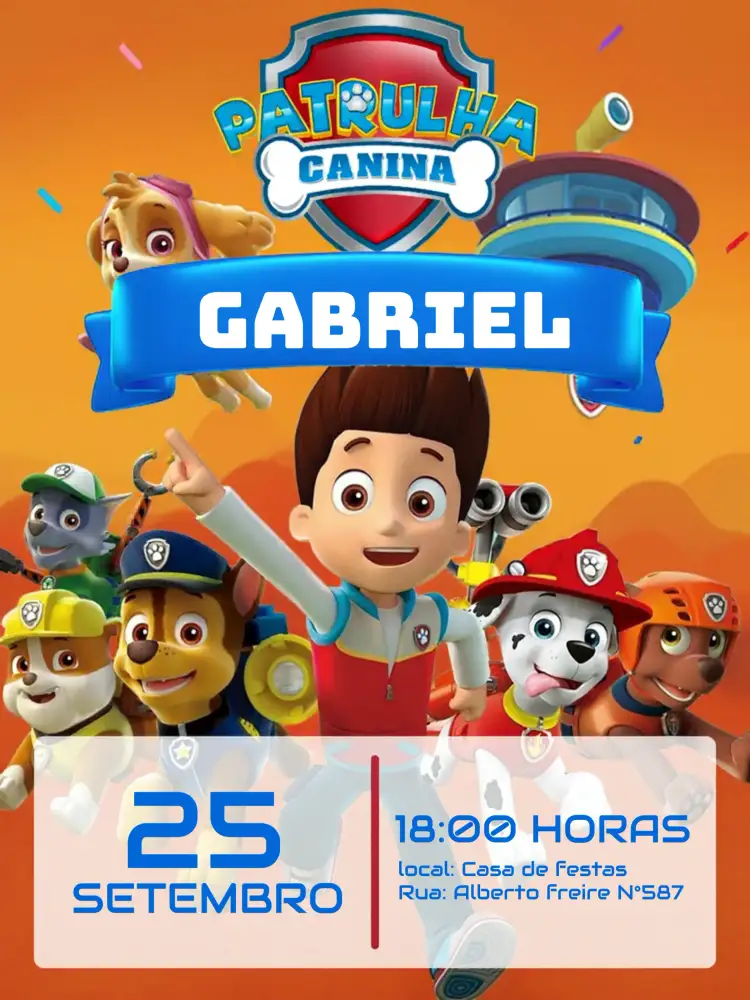 Convite Patrulha Canina Azul – tema Aniversário Infantil azul vibrante, divertido, temático, infantil, animado, aventura