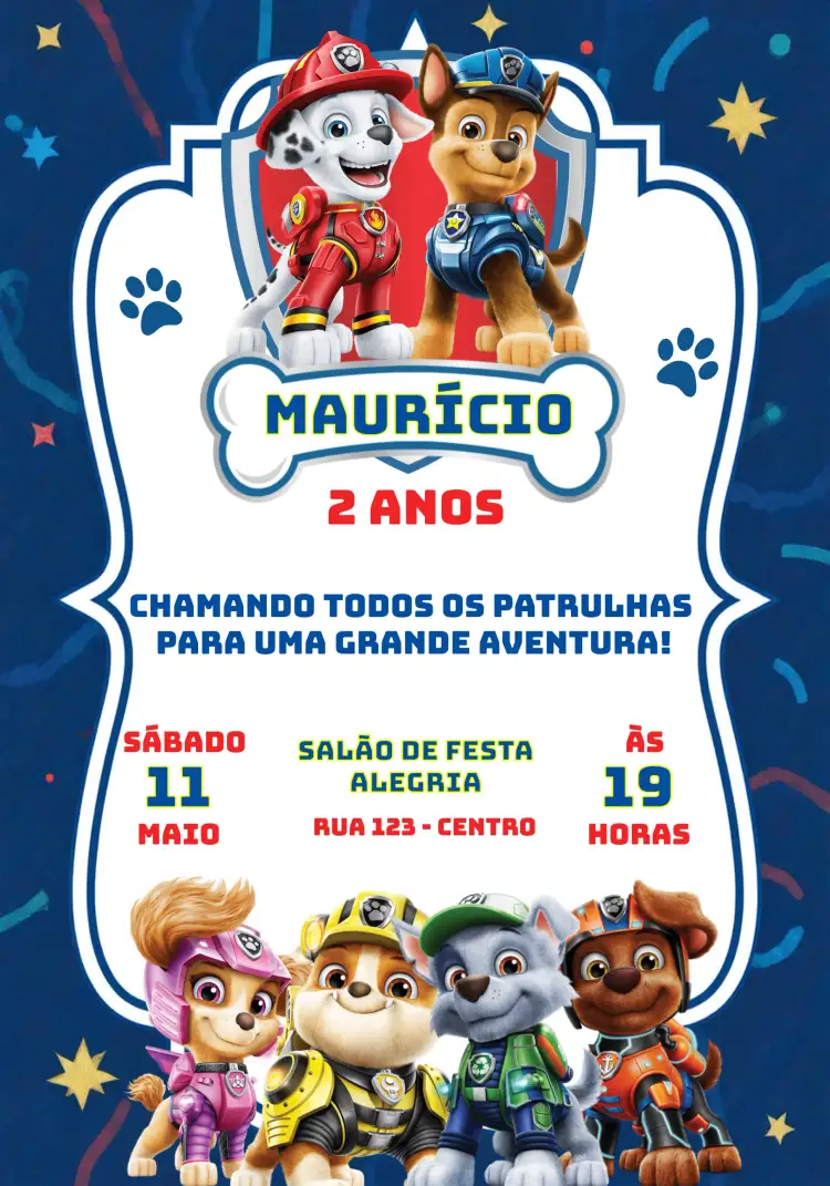 Convite Patrulha Canina Azul – tema Aniversário Infantil azul, aquarela, temática, divertido, colorido, infantil