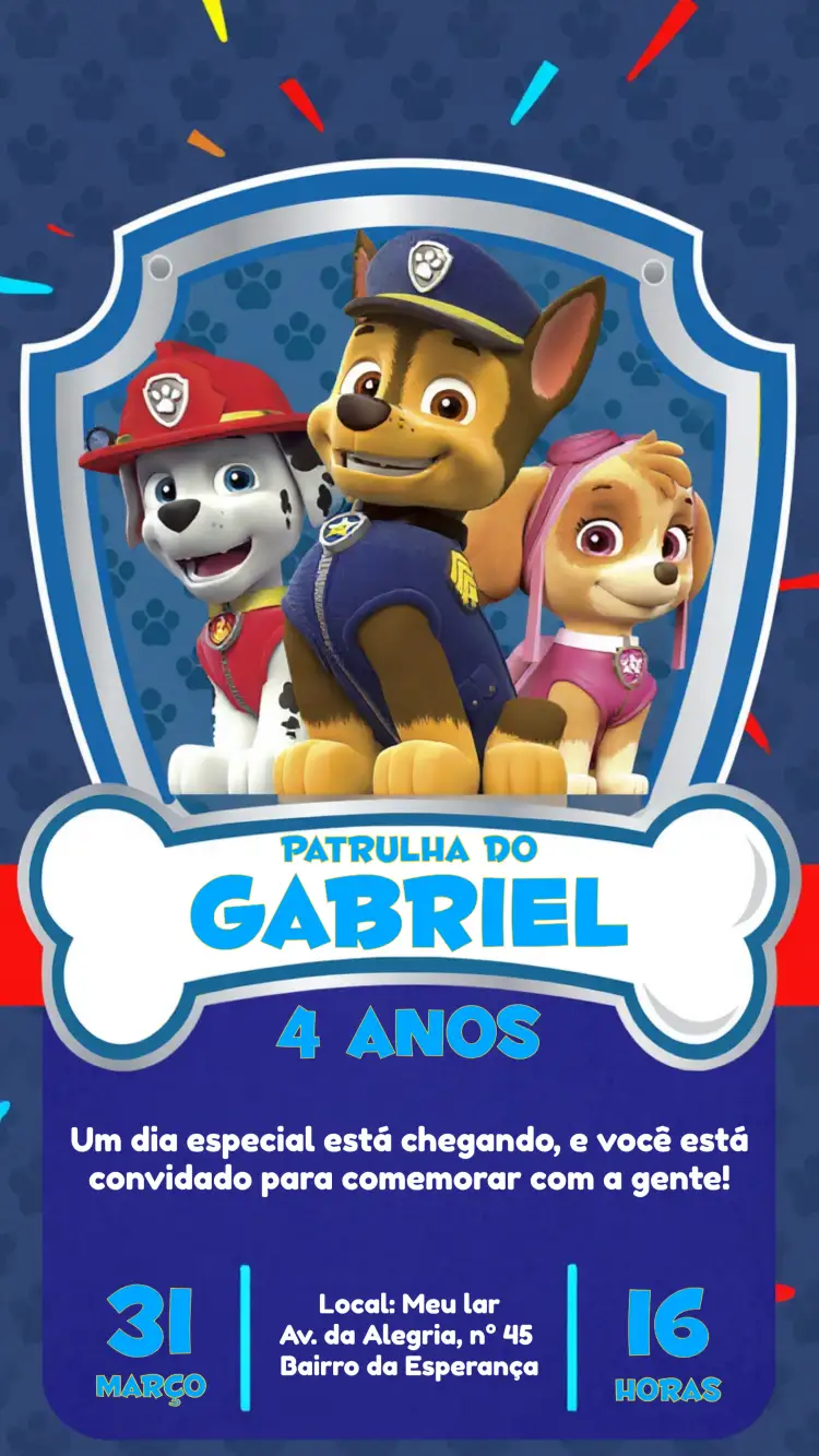 Convite Patrulha Canina Azul – tema Aniversário Infantil azul, colorido, divertido, temática infantil, personagens animados