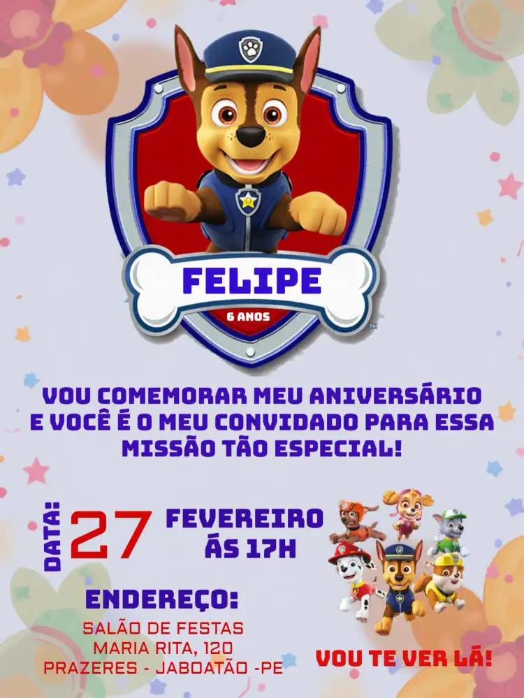 Convite Patrulha Canina Azul – tema Aniversário Infantil filhotes, desenho animado, policial