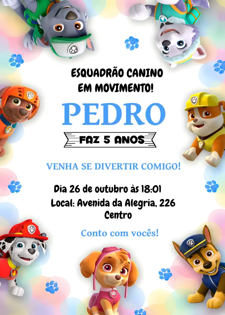 Convite Patrulha Canina Azul – tema Aniversário Infantil azul, temática infantil, personagens divertidos, ilustrações coloridas, estilo moderno