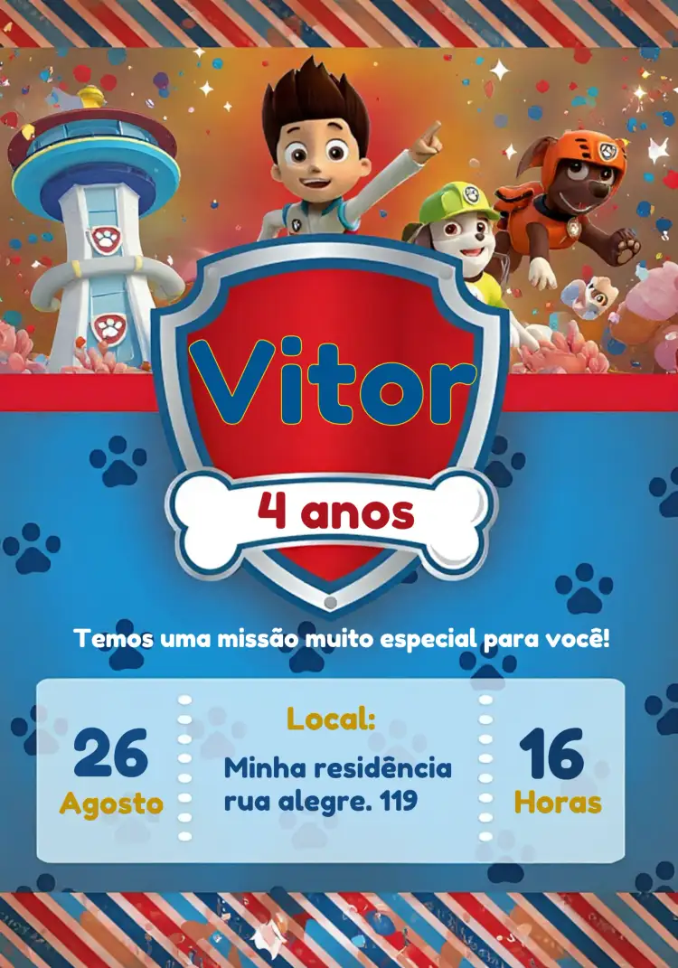 Convite Patrulha Canina Azul – tema Aniversário Infantil azul, colorido, divertido, infantil, temático