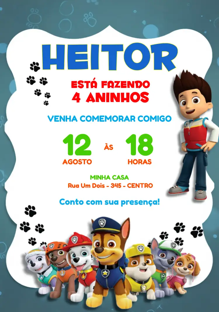 Convite Patrulha Canina Azul – tema Aniversário Infantil azul, infantil, divertido, temático, colorido, animado