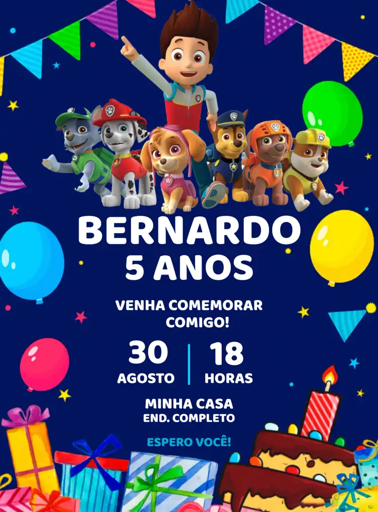 Convite Patrulha Canina Azul – tema Aniversário Infantil azul, colorido, divertido, infantil, animais, aventura