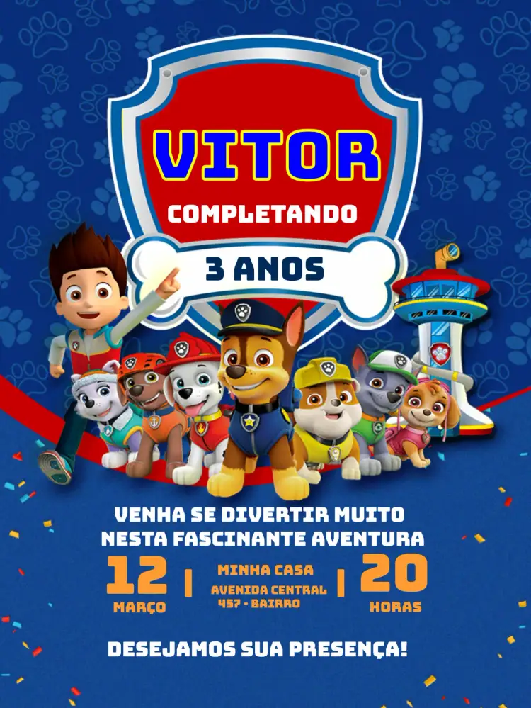 Convite Patrulha Canina Azul Menino Patrol – tema Aniversário Infantil azul, divertido, infantil, colorido, temático