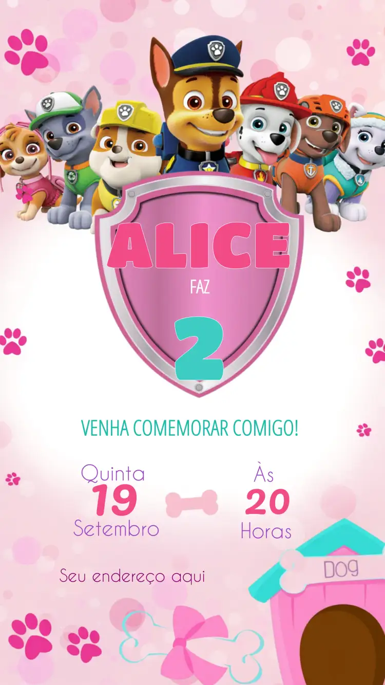 Convite Patrulha Canina Baby – tema Aniversário Infantil rosa, divertido, lúdico, infantil, colorido