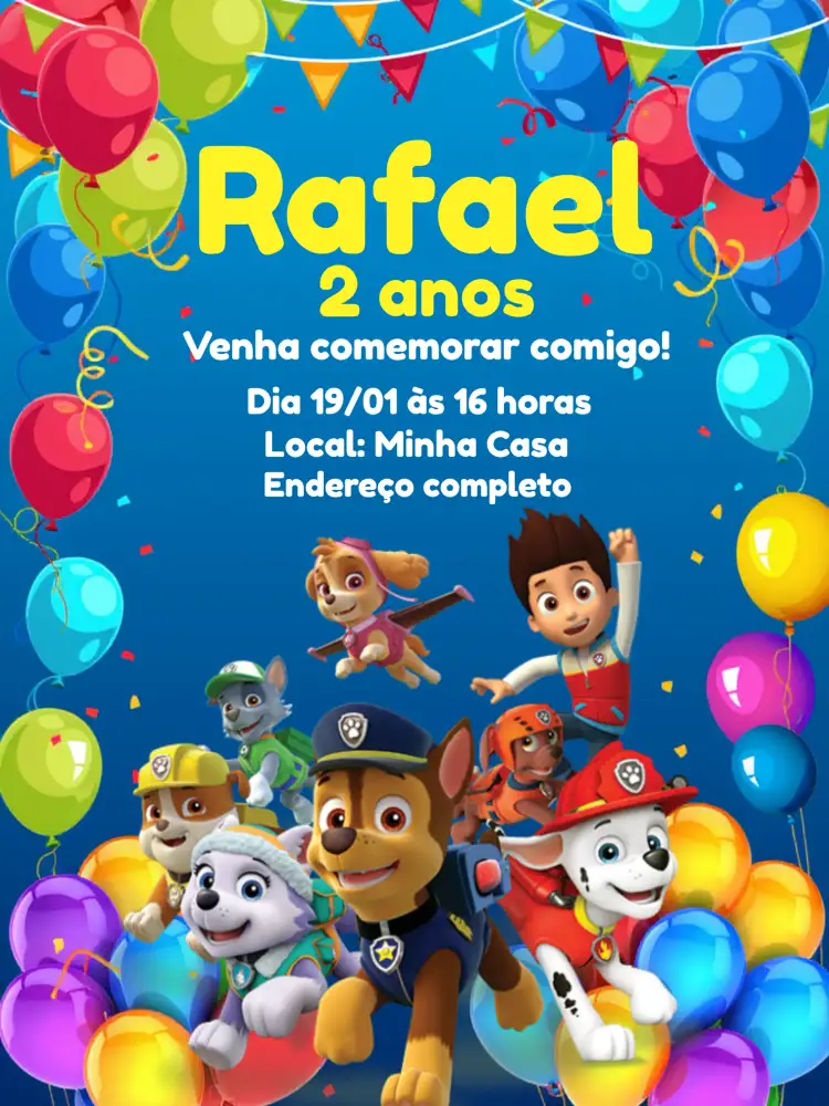 Convite Patrulha Canina Barato – tema Aniversário Infantil azul, amarelo, branco, temática infantil, personagens animados, divertido