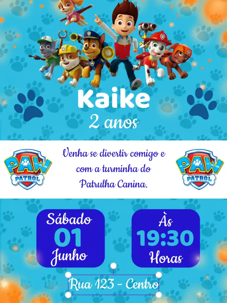 Convite Patrulha Canina Branco – tema Aniversário Infantil branco, colorido, divertido, infantil, temática, moderno