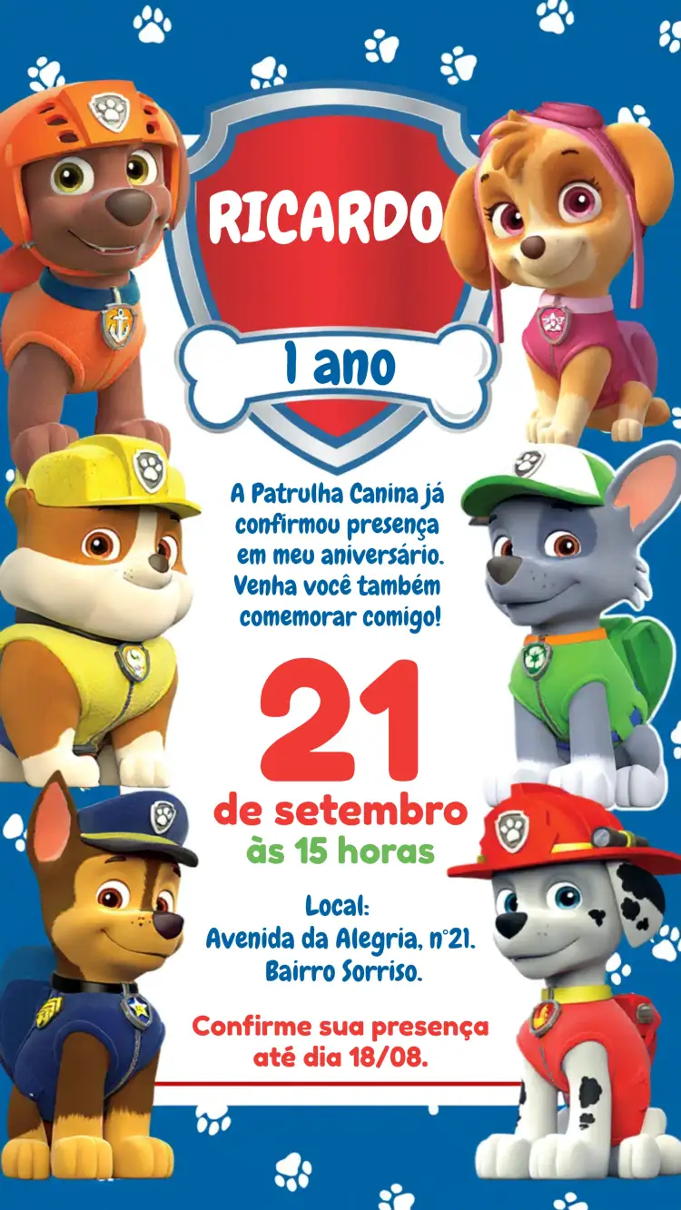 Convite Patrulha Canina Cachorrinhos – tema Aniversário Infantil azul, colorido, temático, divertido, moderno