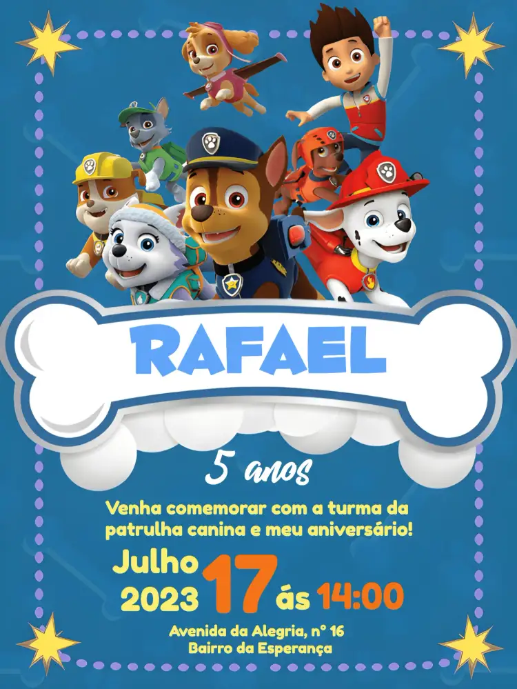 Convite Patrulha Canina Cachorro – tema Aniversário Infantil vibrante, divertido, temático, colorido, infantil