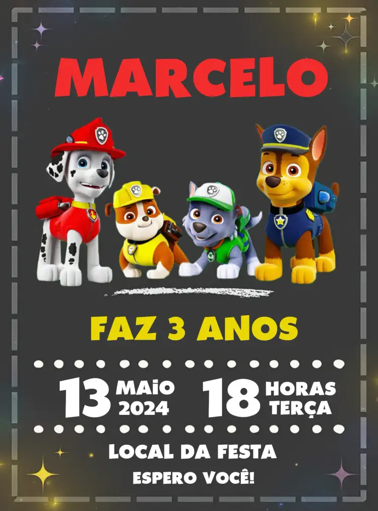 Convite Patrulha Canina Cães – tema Aniversário Infantil chalkboard, colorido, divertido, infantil, animais, aventura