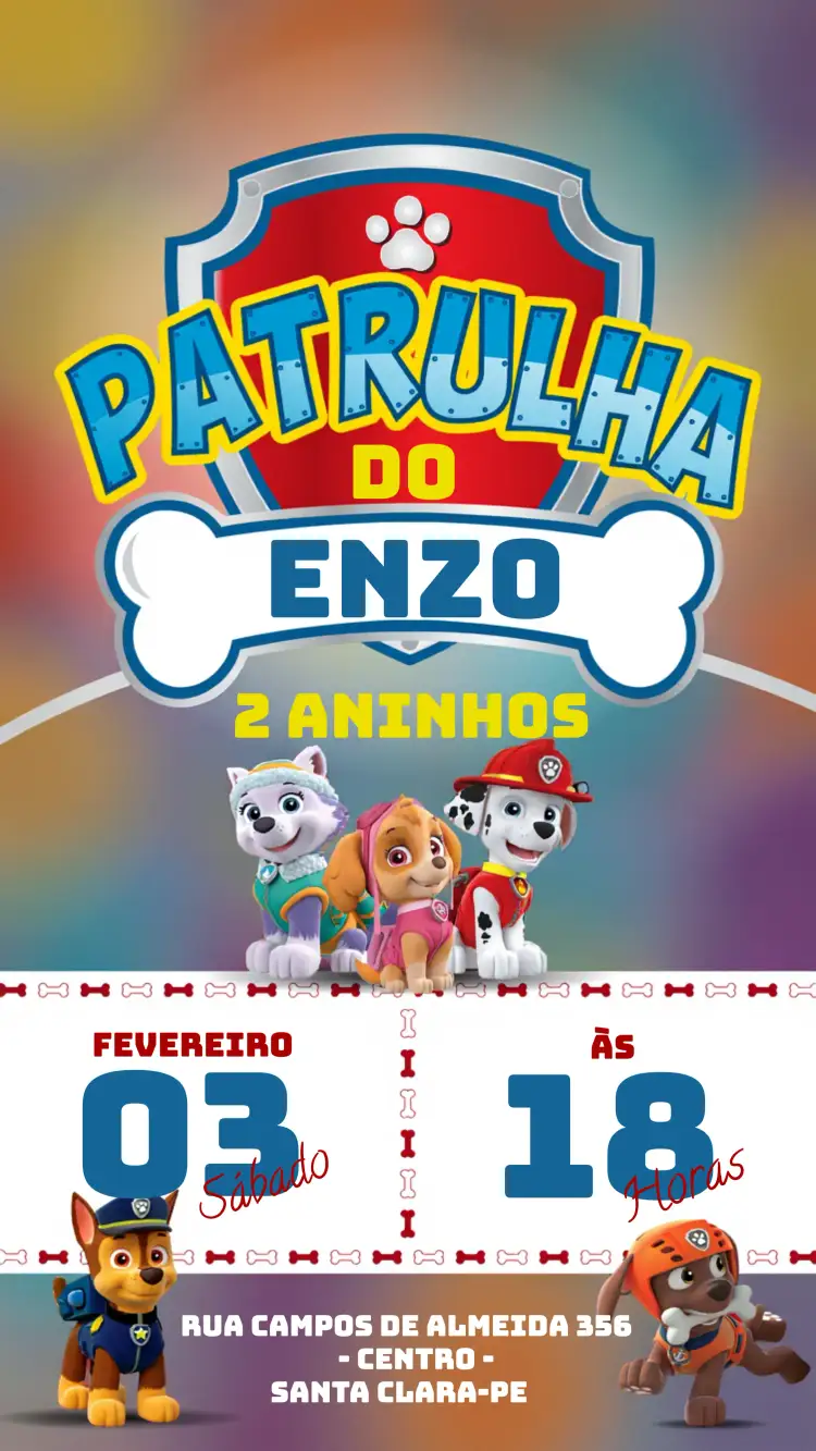 Convite Patrulha Canina Cães – tema Aniversário Infantil colorido, divertido, temático, infantil, animado, ilustrativo