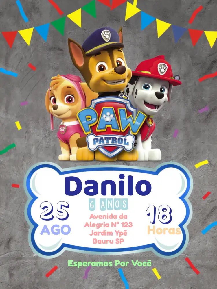 Convite Patrulha Canina Cão – tema Aniversário Infantil colorido, divertido, temático, infantil, animais, heróico