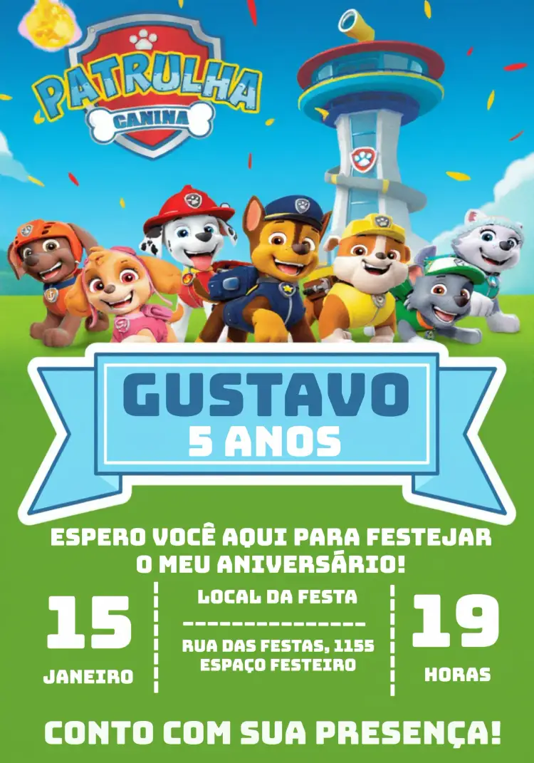 Convite Patrulha Canina Chade – tema Aniversário Infantil colorido, divertido, infantil, temático, animado