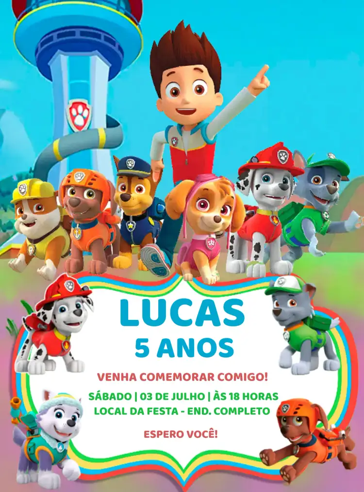 Convite Patrulha Canina Colorido – tema Aniversário Infantil colorido, infantil, divertido, temático, vibrante