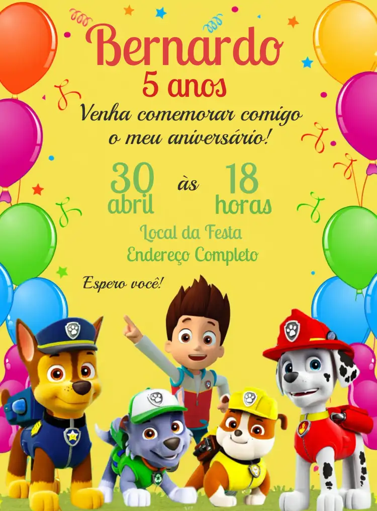 Convite Patrulha Canina Colorido – tema Aniversário Infantil colorido, divertido, infantil, temático, animado