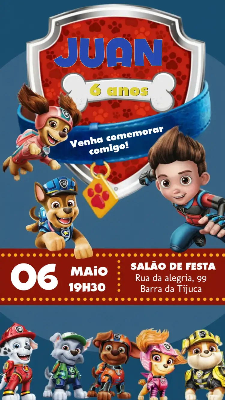 Convite Patrulha Canina Colorido – tema Aniversário Infantil colorido, temático, divertido, infantil, animado