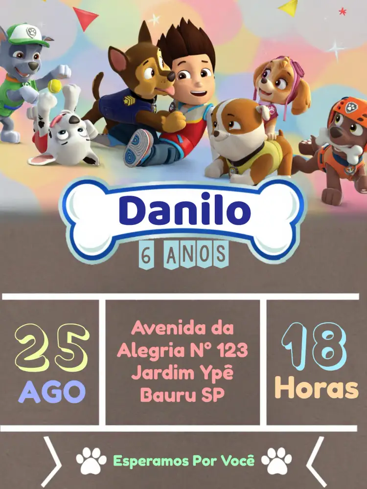 Convite Patrulha Canina Crianço – tema Mais pesquisados colorido, divertido, infantil, temático, animais, aventura