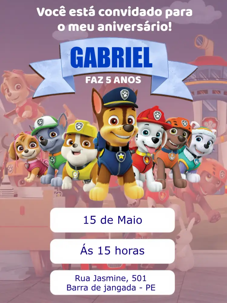 Convite Patrulha Canina Colorido – tema Aniversário Infantil colorido, temático, divertido, infantil, animado, moderno