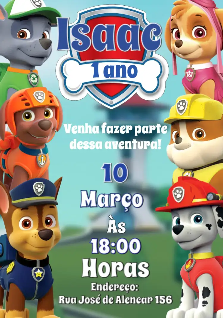 Convite Patrulha Canina Colorido – tema Aniversário Infantil colorido, temático, divertido, infantil, vibrante