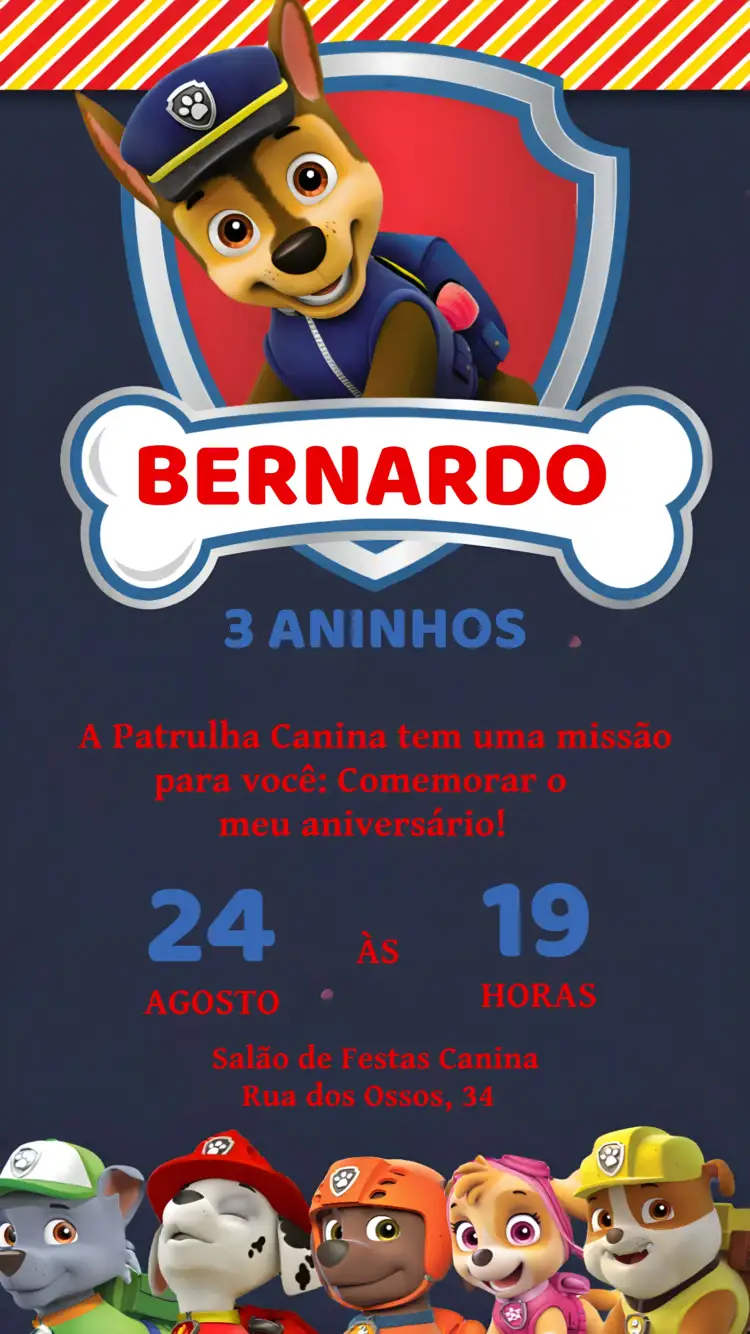 Convite Patrulha Canina Colorido – tema Aniversário Infantil colorido, divertido, temático, infantil, animado