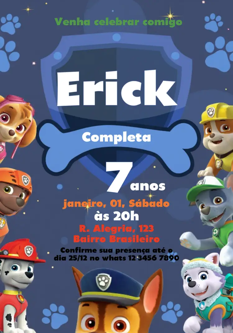 Convite Patrulha Canina Colorido – tema Aniversário Infantil colorido, divertido, temático, infantil, moderno