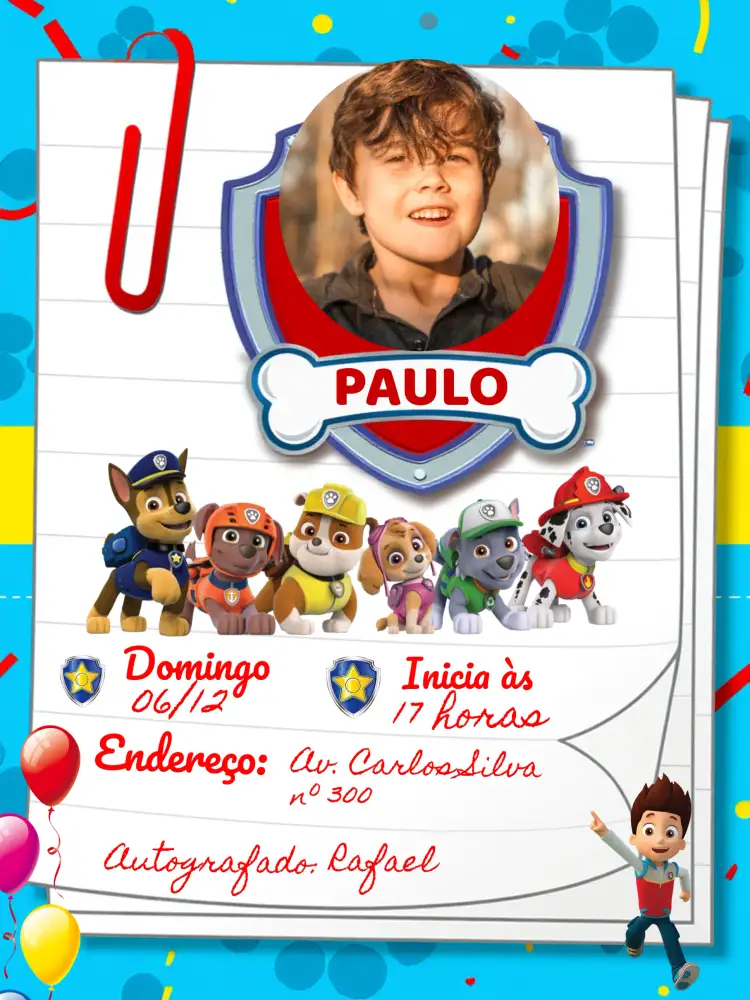 Convite Patrulha Canina Com Foto Amarelo – tema Aniversário Infantil colorido, infantil, temático, divertido, moderno