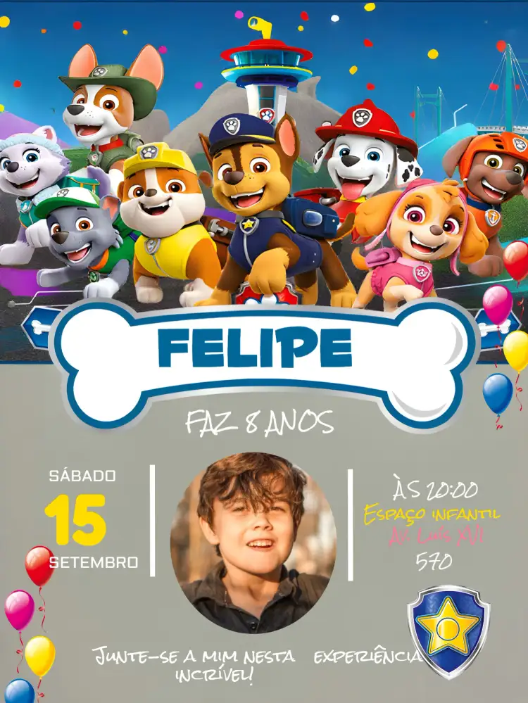 Convite Patrulha Canina Com Foto Azul – tema Aniversário Infantil azul, branco, amarelo, temático, divertido, infantil