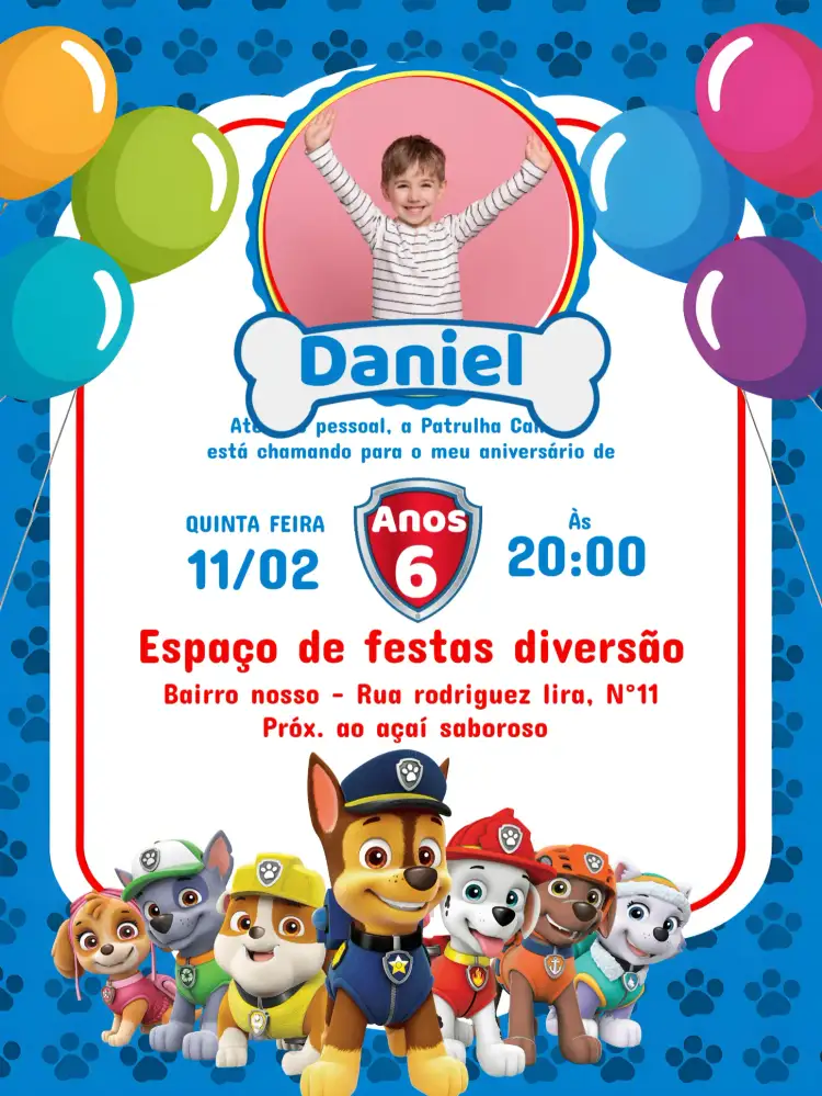 Convite Patrulha Canina Com Foto Azul – tema Aniversário Infantil azul, branco, vermelho, temático, divertido, infantil