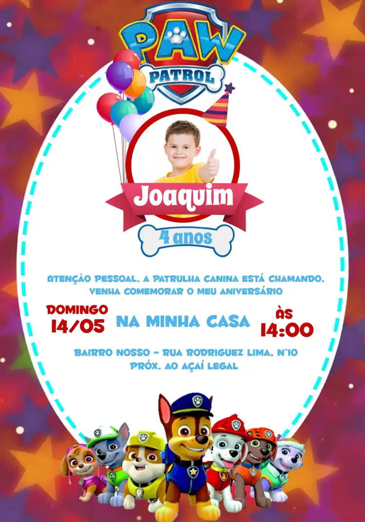 Convite Patrulha Canina Com Foto Balão – tema Aniversário Infantil colorido, temático, infantil, divertido, animado