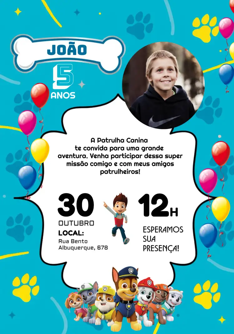 Convite Patrulha Canina Com Foto Balões – tema Aniversário Infantil colorido, divertido, infantil, temático, festivo