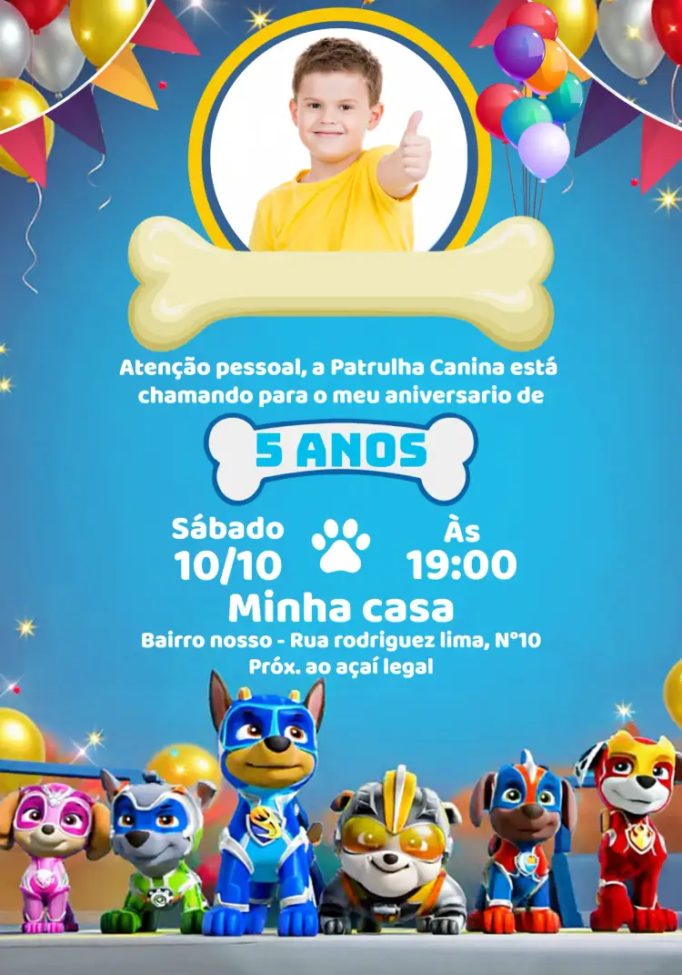 Convite Patrulha Canina Com Foto Branco – tema Aniversário Infantil azul, branco, divertido, infantil, temático, colorido