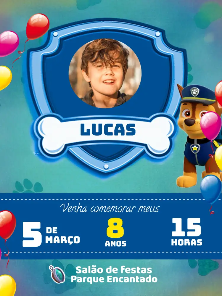 Convite Patrulha Canina Com Foto Branco – tema Aniversário Infantil colorido, divertido, infantil, moderno, temático