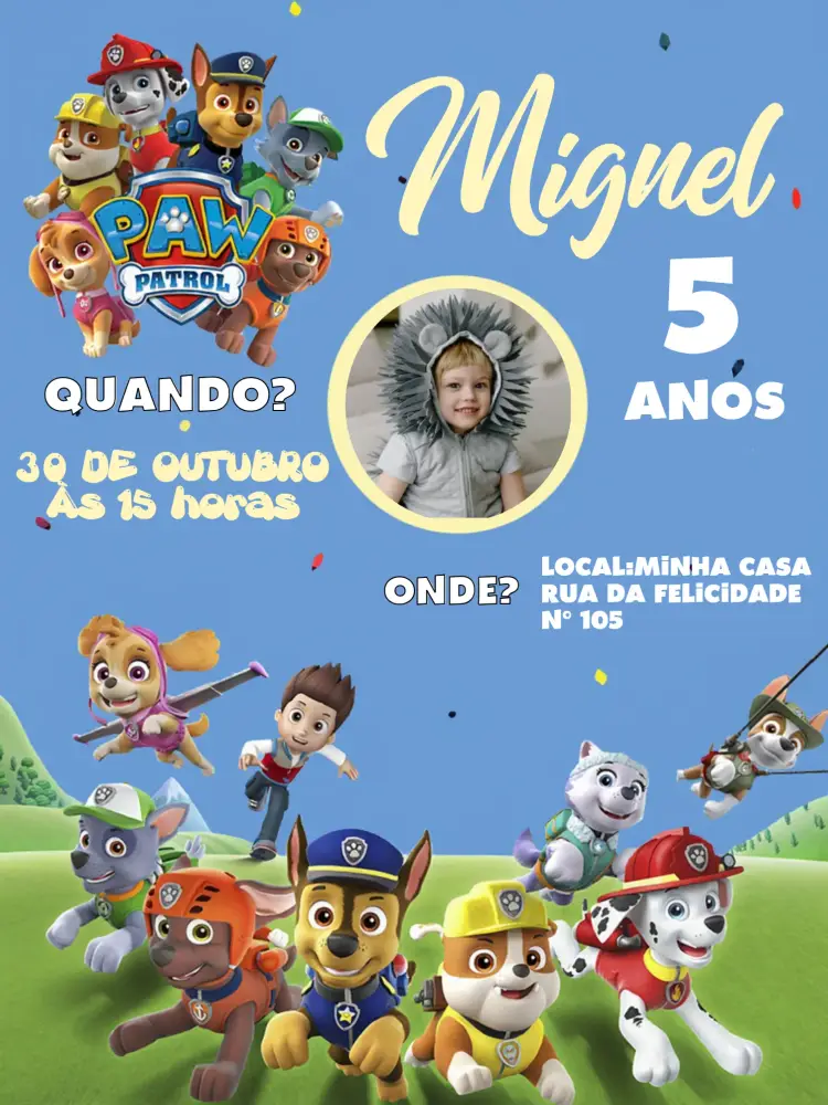 Convite Patrulha Canina Com Foto Branco