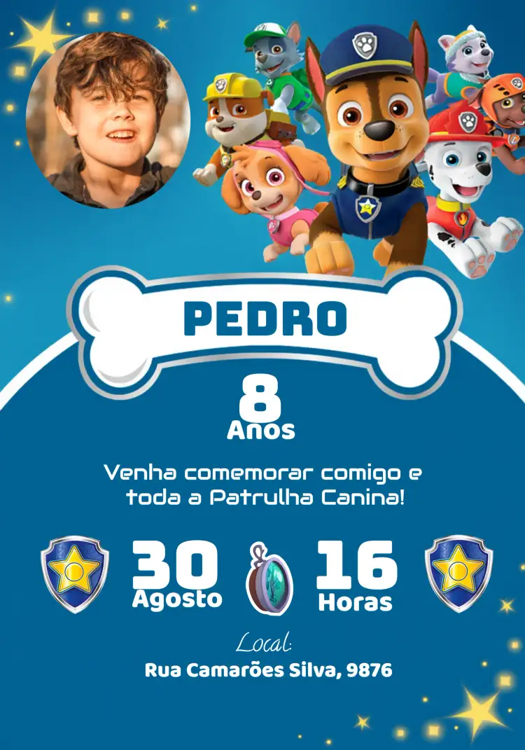 Convite Patrulha Canina Com Foto Distintivo – tema Aniversário Infantil colorido, divertido, temático, infantil, animado, moderno
