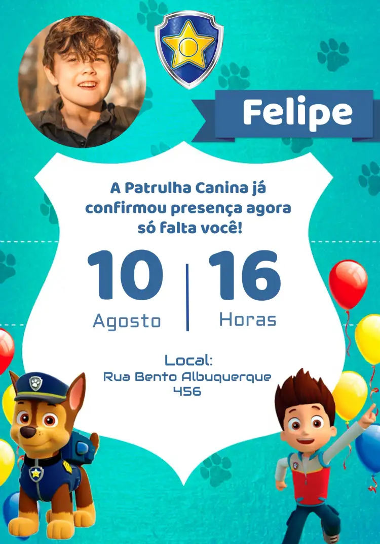 Convite Patrulha Canina Com Foto Distintivos – tema Aniversário Infantil colorido, divertido, infantil, temático, moderno