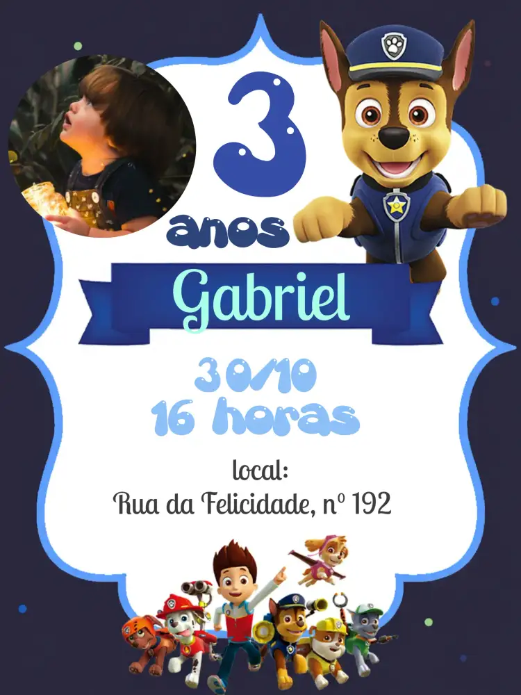 Convite Patrulha Canina Com Foto Faixa – tema Aniversário Infantil azul, branco, lilás, divertido, temático