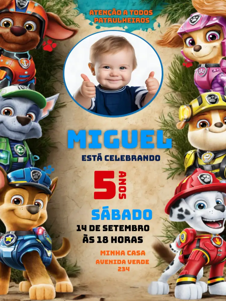 Convite Patrulha Canina Com Foto Infantil – tema Aniversário Infantil colorido, divertido, temático, infantil, animado