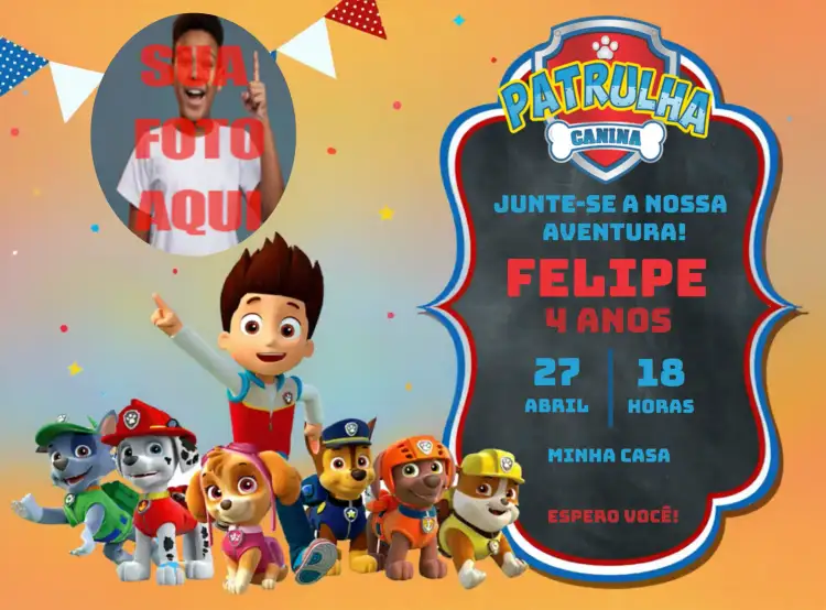 Convite Patrulha Canina Com Foto Lembrancinha – tema Aniversário Infantil temática infantil, cores vibrantes, estilo moderno, elementos gráficos da Patrulha Canina, design colorido, layout divertido