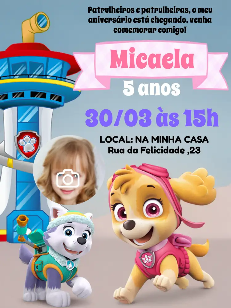 Convite Patrulha Canina Com Foto Menina – tema Aniversário Infantil cores rosa e roxo, design animado, elementos gráficos de cachorro, estilo divertido, tema infantil, ilustrações coloridas
