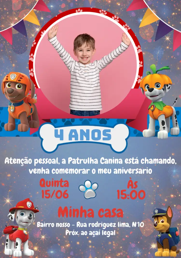Convite Patrulha Canina Com Foto Pata – tema Aniversário Infantil azul e vermelho, divertido e colorido, temática infantil, elementos gráficos de animais, estilo moderno