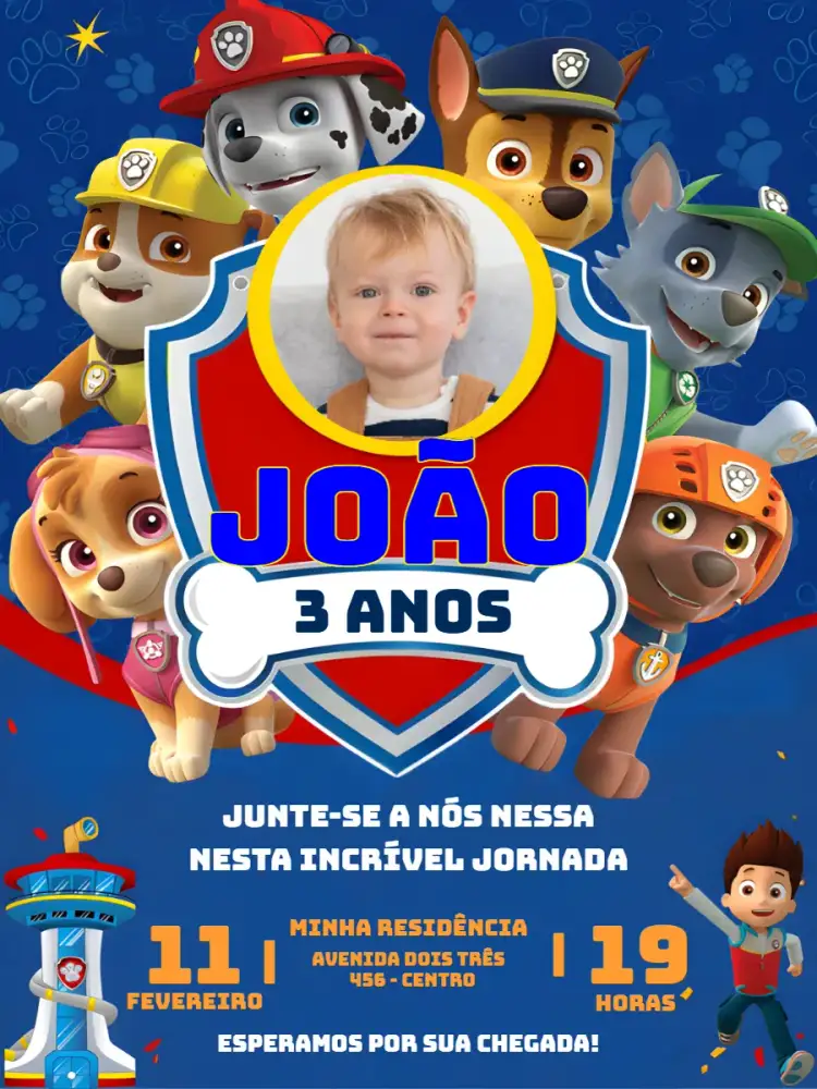 Convite Patrulha Canina Com Foto Patrol – tema Aniversário Infantil azul, divertido, temático, moderno, colorido