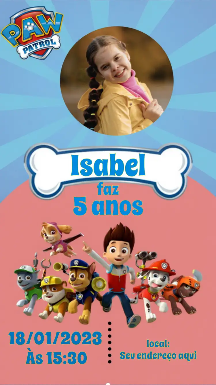 Convite Patrulha Canina Com Foto Paw – tema Aniversário Infantil colorido, divertido, infantil, temático, animado, moderno