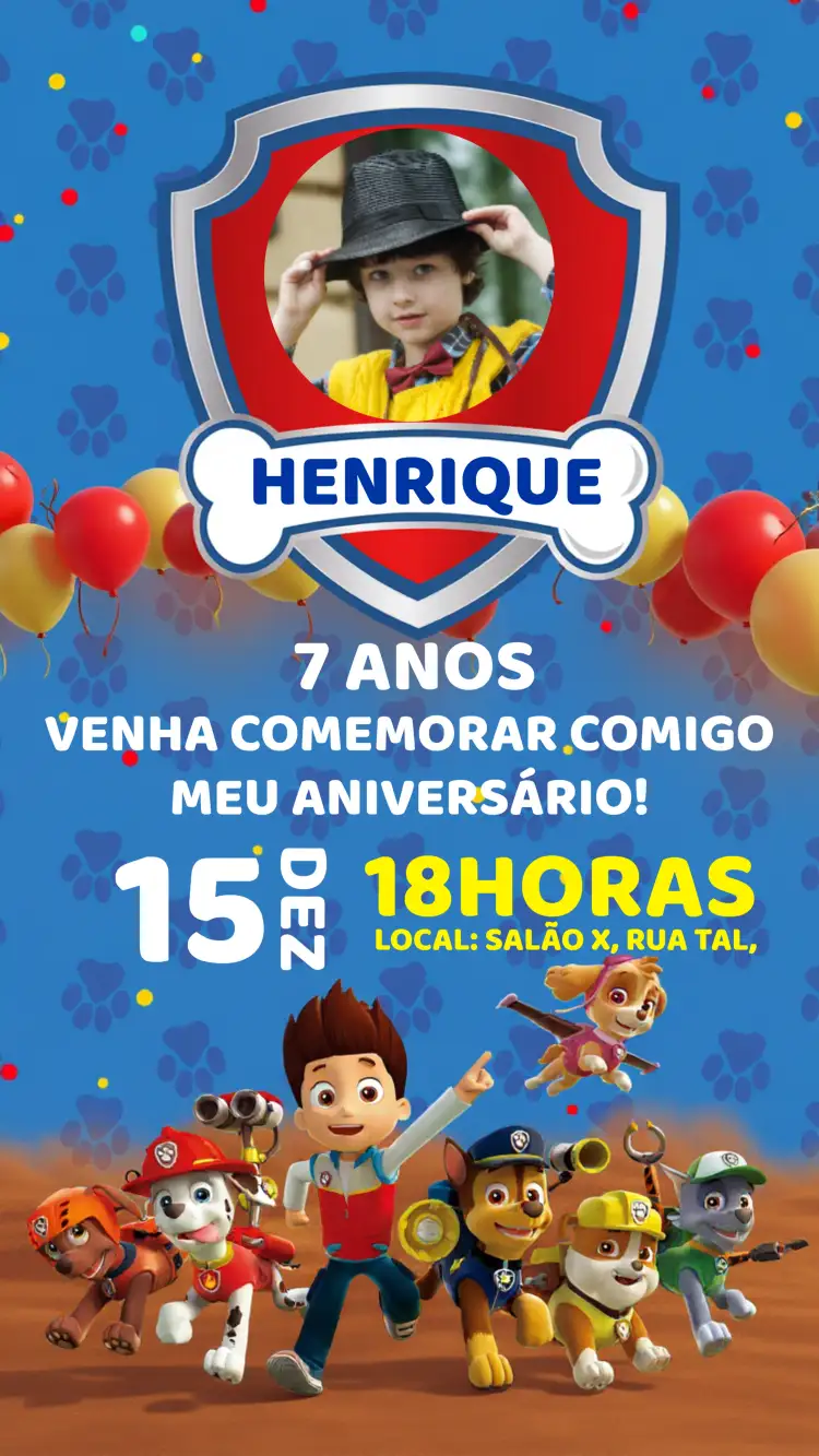 Convite Patrulha Canina Com Foto Paw – tema Aniversário Infantil azul vibrante, diversão infantil, temática de aventura, personagens da Patrulha Canina, gráficos animados, estilo lúdico