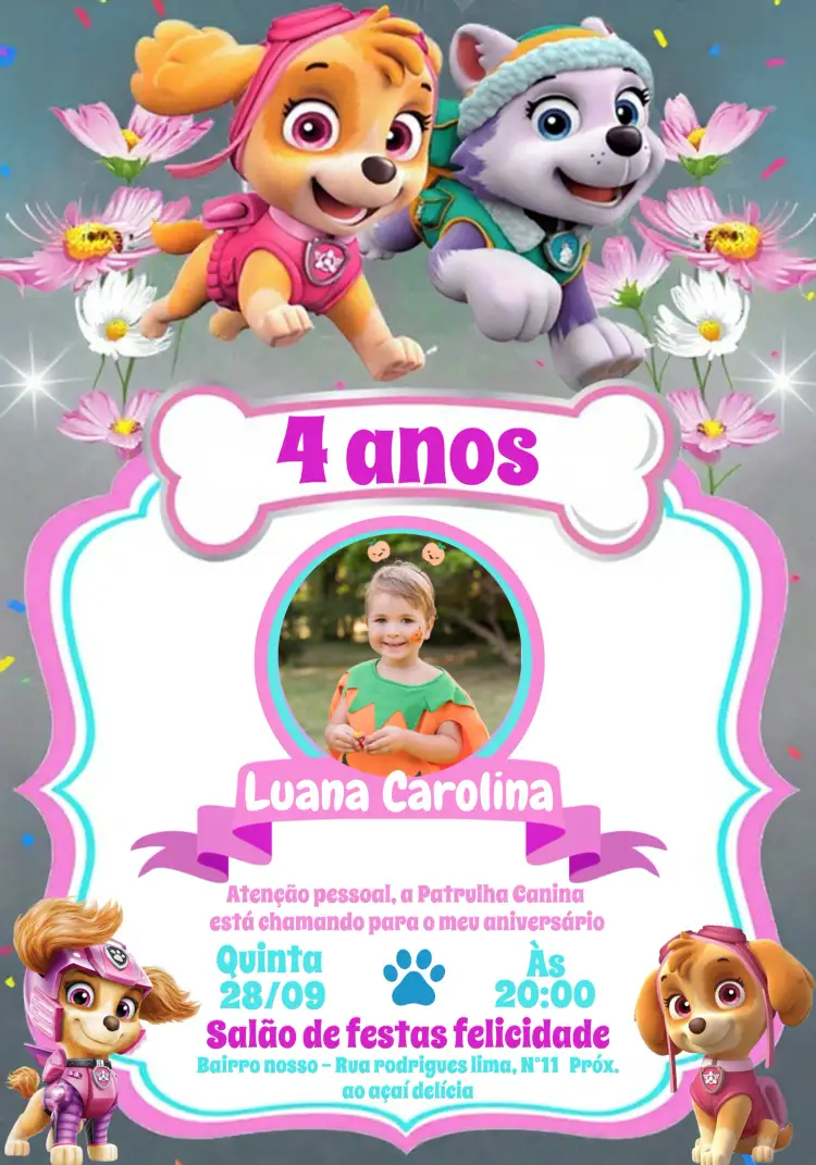 Convite Patrulha Canina Com Foto Rosa – tema Aniversário Infantil rosa, azul, branco, divertido, infantil, temático