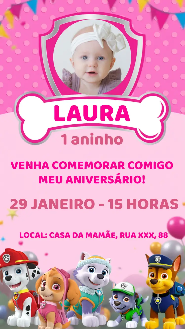 Convite Patrulha Canina Com Foto Rosa – tema Aniversário Infantil rosa, divertido, infantil, colorido, temático, moderno